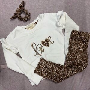 btween Cream Top and Brown Patterned Leggings Set